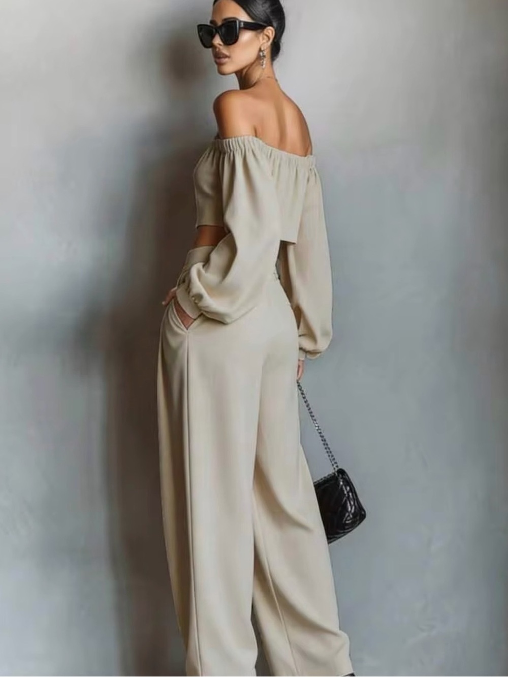 Off-Shoulder Crop Top & Wide Leg Pants Set - Cream
